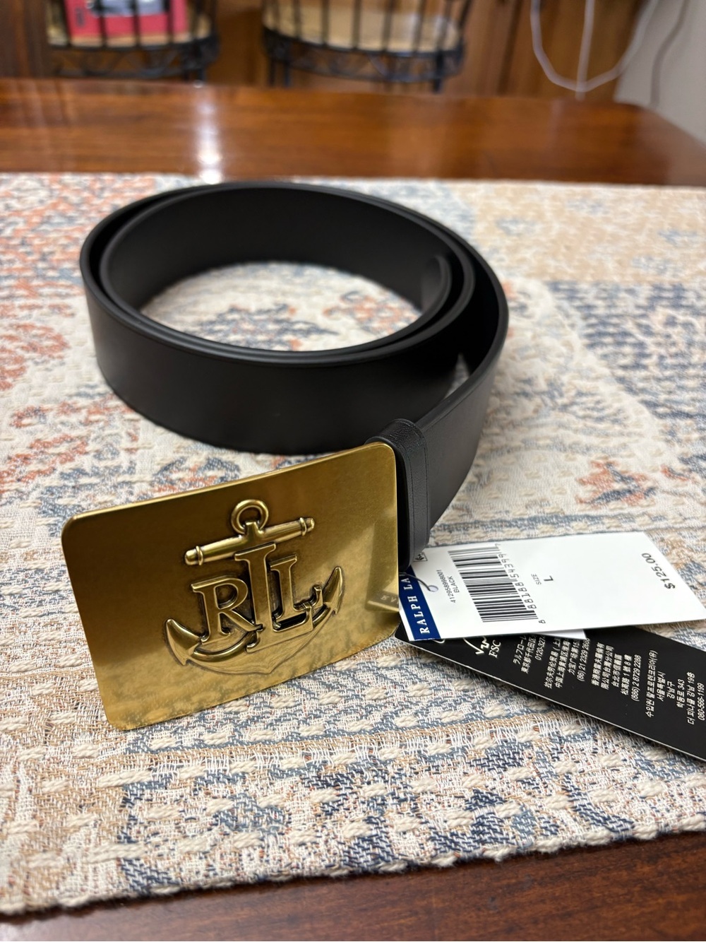 Ralph Lauren Black Leather Belt with Gold Anchor RL Buckle